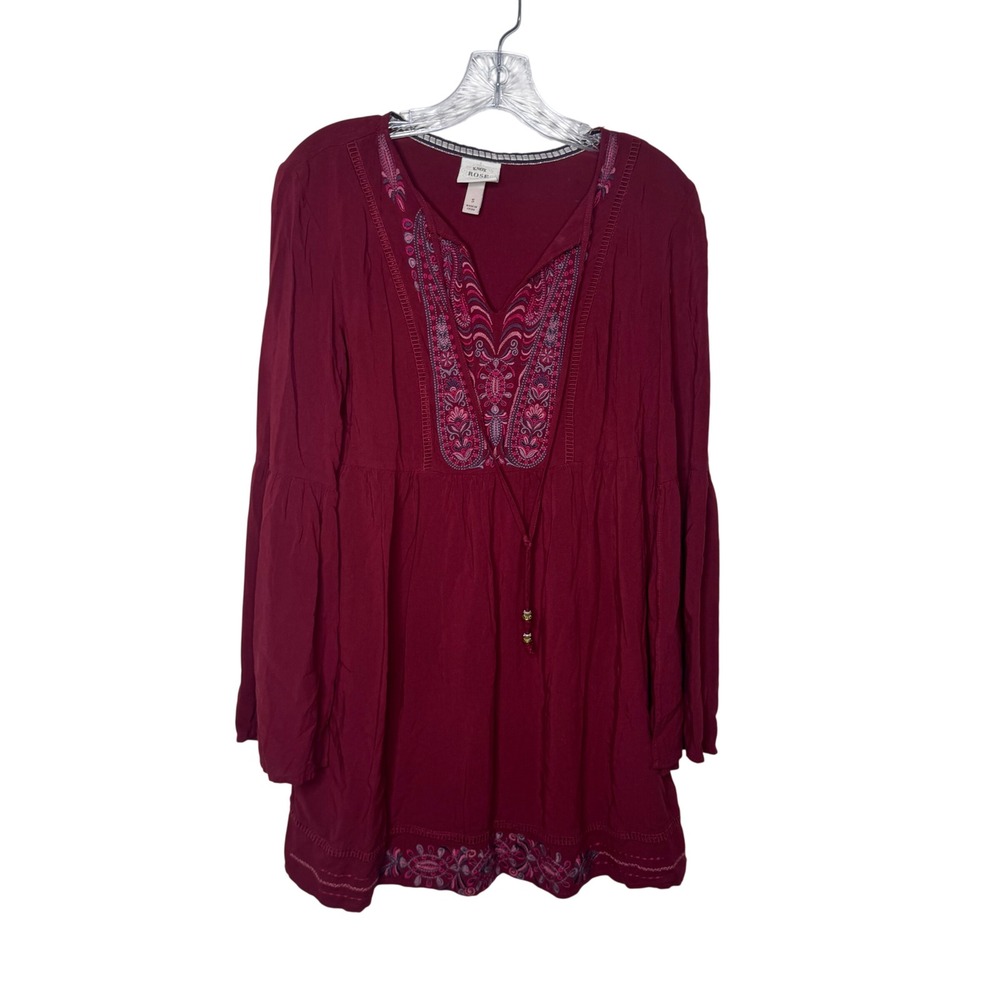 Knox Rose Womens Embroidered Boho Tunic Top Burgundy Bell Sleeve V-Neck‎ Small
